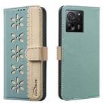 For Xiaomi 13T Splicing Color Hollow Flower Pattern RFID Leather Phone Case(Green)
