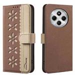 For Xiaomi Poco C75 Splicing Color Hollow Flower Pattern RFID Leather Phone Case(Brown)