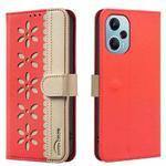For Xiaomi Poco F5 Splicing Color Hollow Flower Pattern RFID Leather Phone Case(Red)