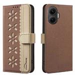 For Xiaomi Poco F7 5G Global Splicing Color Hollow Flower Pattern RFID Leather Phone Case(Brown)