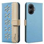 For Xiaomi Poco F7 5G Global Splicing Color Hollow Flower Pattern RFID Leather Phone Case(Baby Blue)