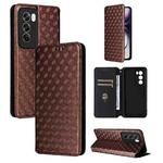 For OPPO Reno12 5G Global Cubic Grid Texture Flip Leather Phone Case(Brown)