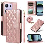 For Redmi Note 14S 4G / Note 13 Pro 4G Three Card Slot Diamond Grid  Leather Phone Case with Long / Short Straps(Rose Gold)