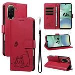 For Redmi A5 4G 173.3mm Adorable Cat Embossed Pattern Flip Leather Phone Case(Red)
