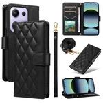 For Xiaomi Poco M6 Pro 4G Global Three Card Slot Diamond Grid  Leather Phone Case with Long / Short Straps(Black)
