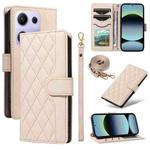 For Xiaomi Poco M6 Pro 4G Global Three Card Slot Diamond Grid  Leather Phone Case with Long / Short Straps(Beige)