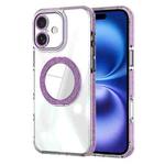 For iPhone 16 Transparent Glitter Mirror Rotating Holder Phone Case(Purple)