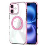 For iPhone 16 Transparent Glitter Mirror Rotating Holder Phone Case(Pink)