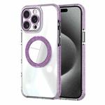 For iPhone 15 Pro Transparent Glitter Mirror Rotating Holder Phone Case(Purple)