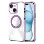 For iPhone 15 Transparent Glitter Mirror Rotating Holder Phone Case(Purple)