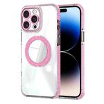 For iPhone 14 Pro Transparent Glitter Mirror Rotating Holder Phone Case(Pink)