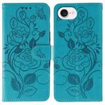 For iPhone 16e Rose Butterfly Embossed Leather Phone Case(Blue)