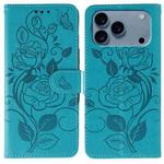 For iPhone 17 Pro Max Rose Butterfly Embossed Leather Phone Case(Blue)