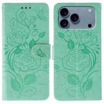 For iPhone 17 Pro Rose Butterfly Embossed Leather Phone Case(Green)