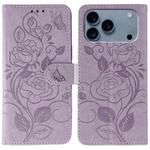 For iPhone 17 Pro Rose Butterfly Embossed Leather Phone Case(Purple)