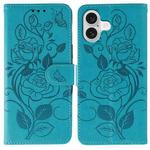 For iPhone 17 Rose Butterfly Embossed Leather Phone Case(Blue)