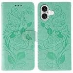 For iPhone 17 Rose Butterfly Embossed Leather Phone Case(Green)