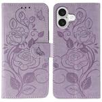 For iPhone 17 Rose Butterfly Embossed Leather Phone Case(Purple)