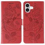 For iPhone 17 Rose Butterfly Embossed Leather Phone Case(Red)