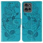 For Motorola Edge 50 Rose Butterfly Embossed Leather Phone Case(Blue)