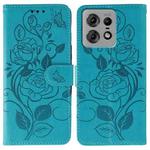 For Motorola Edge 50 Pro Rose Butterfly Embossed Leather Phone Case(Blue)
