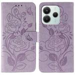 For Redmi Note 14 4G 163.25mm Global Rose Butterfly Embossed Leather Phone Case(Purple)