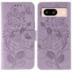 For Google Pixel 8 Rose Butterfly Embossed Leather Phone Case(Purple)