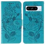 For Google Pixel 8 Pro Rose Butterfly Embossed Leather Phone Case(Blue)
