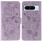 For Google Pixel 8 Pro Rose Butterfly Embossed Leather Phone Case(Purple)