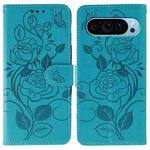 For Google Pixel 9 Pro Rose Butterfly Embossed Leather Phone Case(Blue)