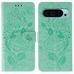 For Google Pixel 9 Pro Rose Butterfly Embossed Leather Phone Case(Green)