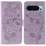 For Google Pixel 9 Pro Rose Butterfly Embossed Leather Phone Case(Purple)