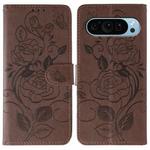 For Google Pixel 9 Pro Rose Butterfly Embossed Leather Phone Case(Brown)