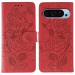 For Google Pixel 9 Pro Rose Butterfly Embossed Leather Phone Case(Red)