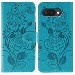 For Google Pixel 9a Rose Butterfly Embossed Leather Phone Case(Blue)