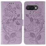 For Google Pixel 9a Rose Butterfly Embossed Leather Phone Case(Purple)