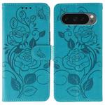 For Google Pixel 10 Pro XL Rose Butterfly Embossed Leather Phone Case(Blue)