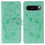 For Google Pixel 10 Pro XL Rose Butterfly Embossed Leather Phone Case(Green)