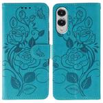 For Samsung Galaxy S25 Edge 5G Rose Butterfly Embossed Leather Phone Case(Blue)