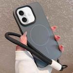 For iPhone 16 Metal Diamond Texture Lens Frame MagSafe Phone Case with Lanyard(Black)