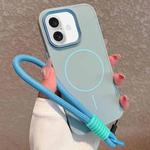 For iPhone 16 Metal Diamond Texture Lens Frame MagSafe Phone Case with Lanyard(Blue)