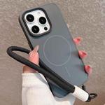 For iPhone 15 Pro Metal Diamond Texture Lens Frame MagSafe Phone Case with Lanyard(Black)