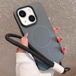 For iPhone 15 Plus Metal Diamond Texture Lens Frame MagSafe Phone Case with Lanyard(Black)