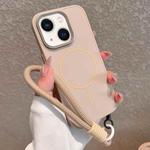 For iPhone 15 Plus Metal Diamond Texture Lens Frame MagSafe Phone Case with Lanyard(Khaki)