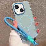 For iPhone 14 Metal Diamond Texture Lens Frame MagSafe Phone Case with Lanyard(Blue)