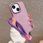 For iPhone 14 Metal Diamond Texture Lens Frame MagSafe Phone Case with Lanyard(Purple)