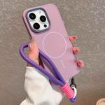 For iPhone 13 Pro Metal Diamond Texture Lens Frame MagSafe Phone Case with Lanyard(Purple)