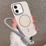 For iPhone 12 Metal Diamond Texture Lens Frame MagSafe Phone Case with Lanyard(White)