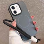 For iPhone 12 Metal Diamond Texture Lens Frame MagSafe Phone Case with Lanyard(Black)