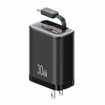 USAMS CC297 30W Fast Charger With Retractable USB-C / Type-C Cable, US Plug(Black)